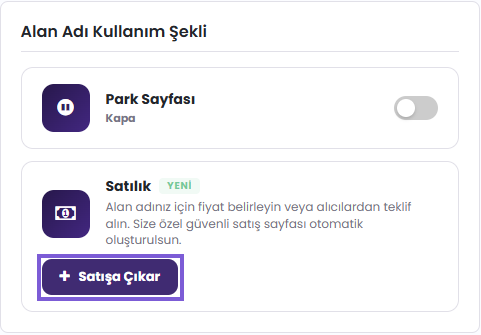 Domain detayında Satılık kartı ve Satışa Çıkar düğmesi