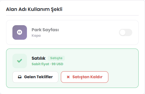 Satıştaki domainin Satılık kartında Satışta etiketi, Gelen Teklifler ve Satıştan Kaldır düğmeleri